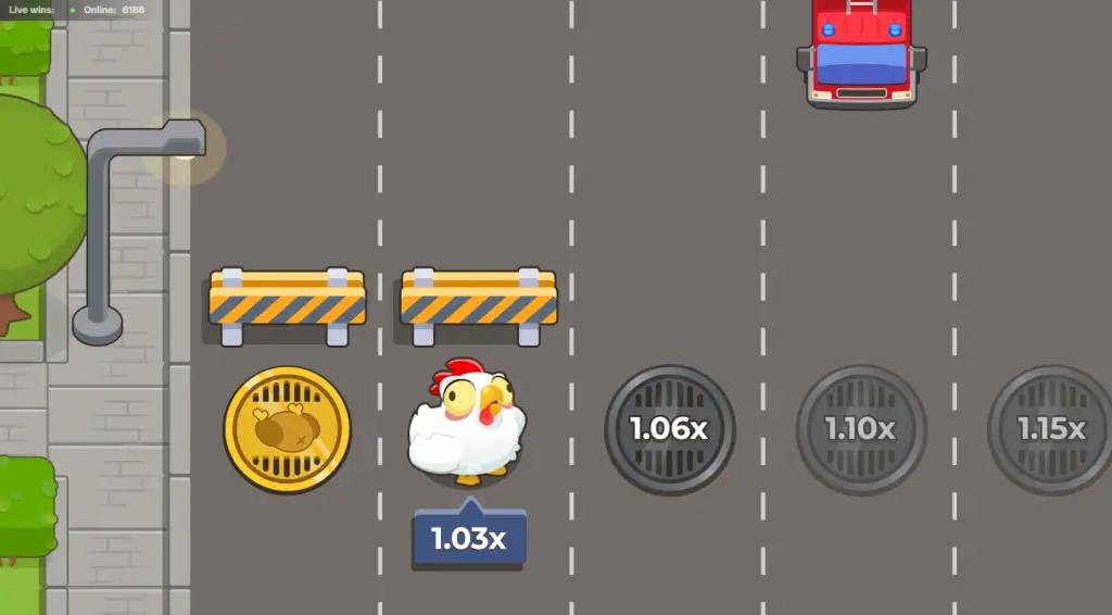 Chicken Road 2 on Easy in the official demo: the first cover has turned gold, barriers stand behind the chicken on 1.03x and a fire truck drives down the next lane
