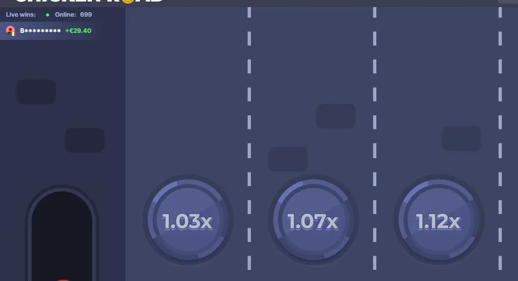 Chicken Road on Easy in the official demo: the chicken waits at the start, and the first five manhole covers show 1.03x, 1.07x, 1.12x, 1.17x and 1.23x