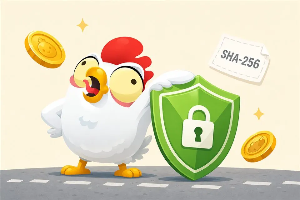 The Chicken Road mascot standing next to a green shield with a padlock and an SHA-256 tag