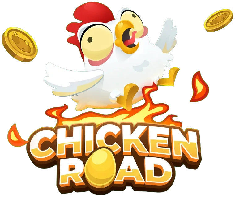 Chicken Road by InOut Games: the white chicken leaps out of the flames above the game logo with a golden egg, between two gold coins